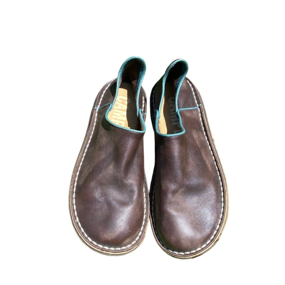 Camper Barefoot Leather Teal Trim Slip On Brown Shoes 40 US 7 Lagenlook Gorpcore
